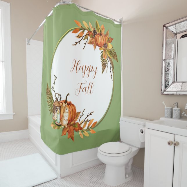 Rideaux De Douche Bleu d'automne et citrouille avec texte personnali (En situation)