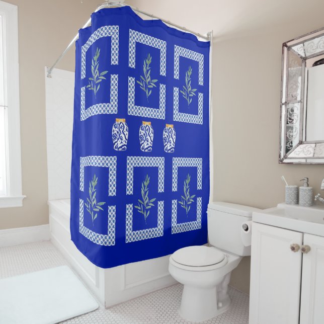 Rideaux De Douche Bleu de Cobalt méditerranéen Folio & Vase (En situation)