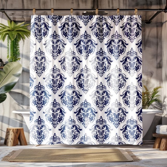 Rideaux De Douche Bleu de la marine Damas florales BlancContexte (Créateur téléchargé)