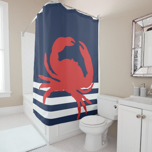 Rideaux De Douche Bleu de la Marine Nautique Bleu crabe rouge (En situation)
