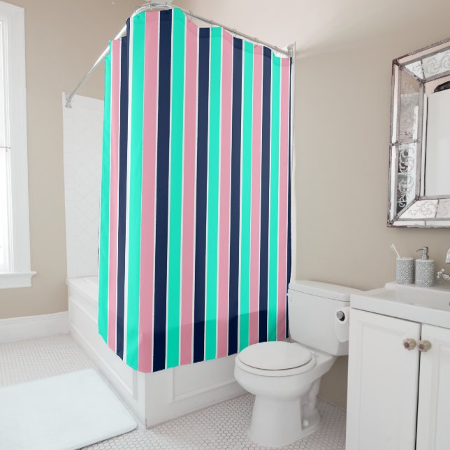 Rideaux De Douche Bleu de mer, rose et bleu marine (En situation)