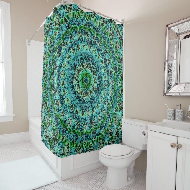 Rideaux De Douche Bleu de plage et Spiderweb vert (En situation)