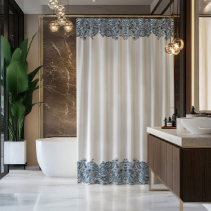 Rideaux De Douche Bleu élégant et blanc vintage paisley rayé