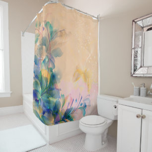 Rideaux De Douche Bleu Floral Abstrait Et Beige