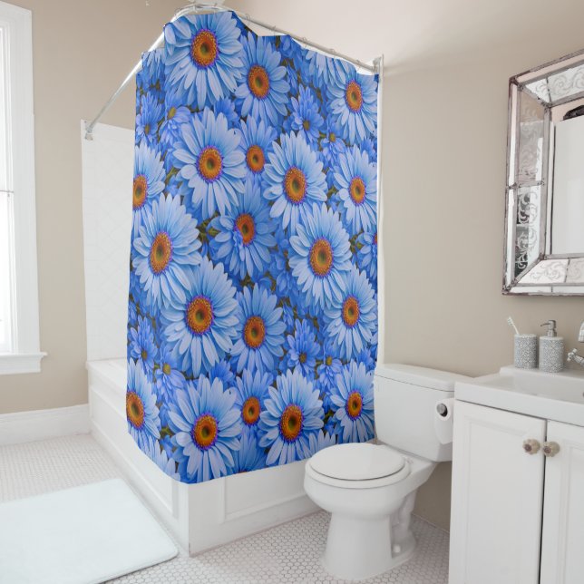 Rideaux De Douche Bleu floral bleu tournesol bleu marguerites motif (En situation)