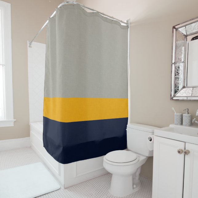 Rideaux De Douche Bleu foncé, Jaune, Gris rayé Texturé  (En situation)