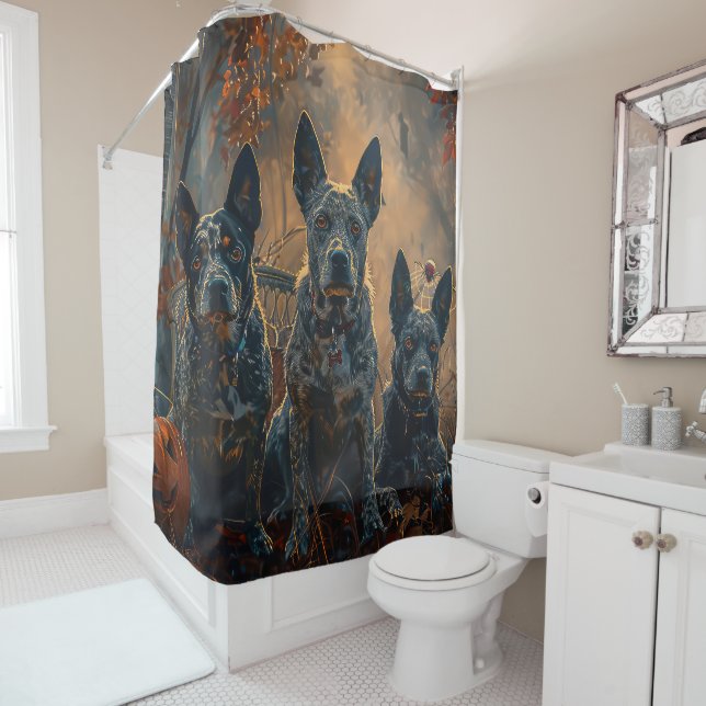 Rideaux De Douche Bleu Heeler Halloween nuit chien délice (En situation)