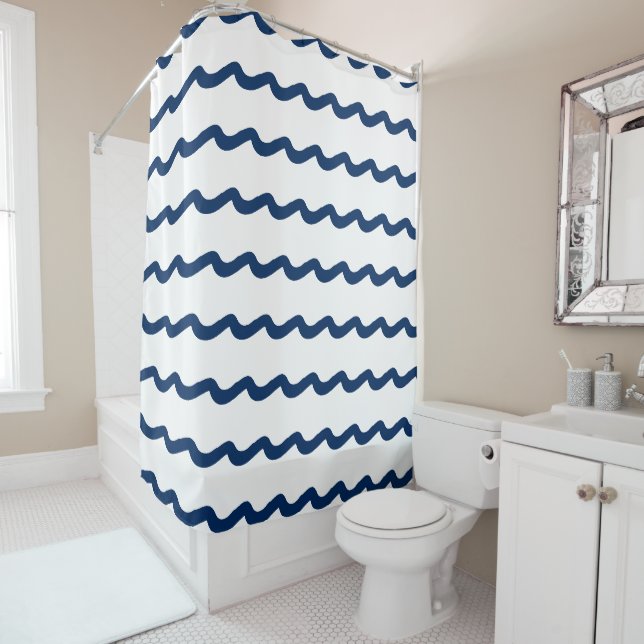 Rideaux De Douche Bleu marine Bleu blanc océan vagues motif (En situation)