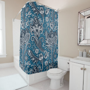 Rideaux De Douche Bleu marine et blanc floral paisley bohème