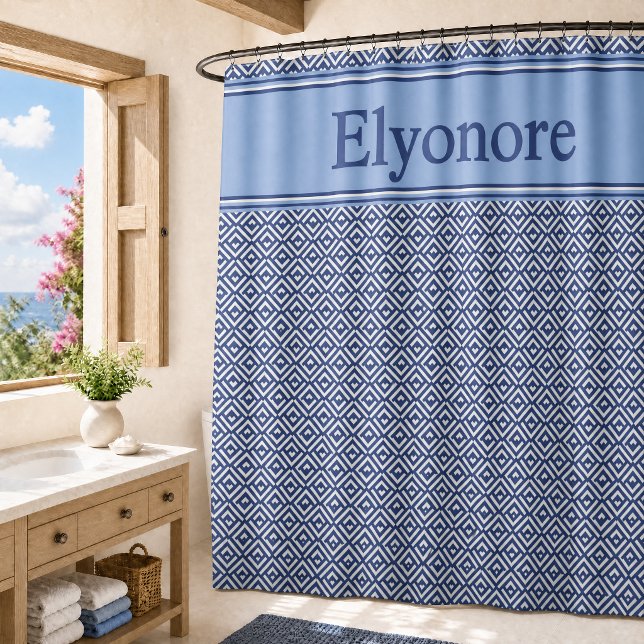 Rideaux De Douche Bleu Marine Géométrique Chevron Nom (Créateur téléchargé)