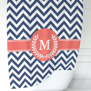 Rideaux De Douche Bleu Nuit et Chevron Corail Monogramme de Laurier