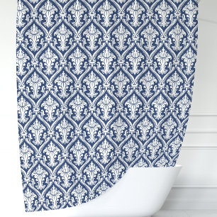 Rideaux De Douche Bleu Nuit et Damassé Blanc