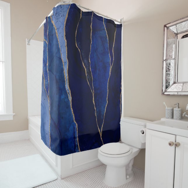 Rideaux De Douche Bleu & Or Agate Glam moderne Minimal (En situation)