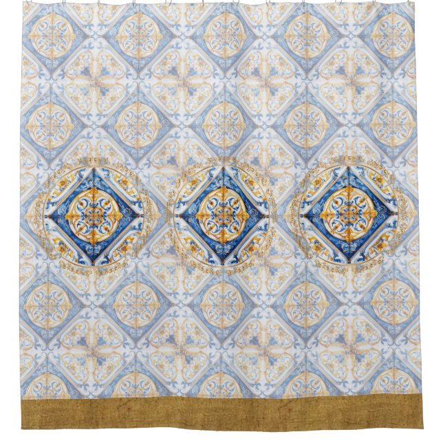 Rideaux De Douche Bleu Or Blanc Vietri Talavera Azulejo look (Devant)