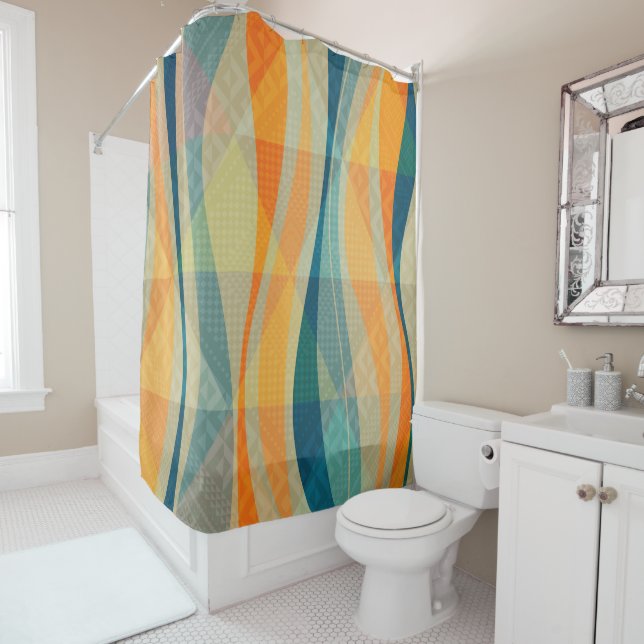 Rideaux De Douche Bleu Orange Et Beige Abstrait (En situation)