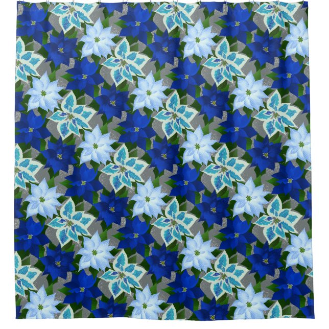 Rideaux De Douche Bleu Poinsettias Noël Argent (Devant)