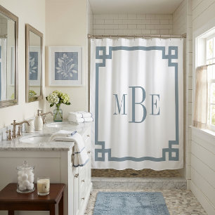 Rideaux De Douche Bleu Poussiéreux et Clé Grecque Blanche   Monogram