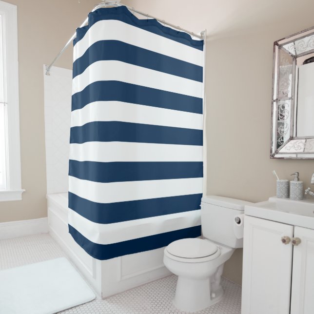 Rideaux De Douche Bleu preppy et Blancs (En situation)