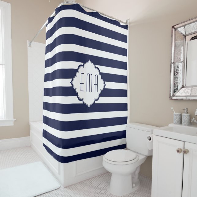 Rideaux De Douche Bleu Royal Et Blancs (En situation)