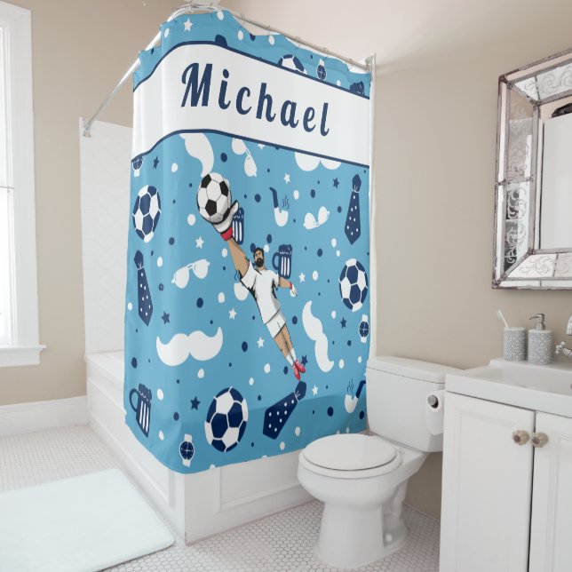 Rideaux De Douche Bleu Soccer Goalie Goalkeeper Nom de l'enfant (En situation)