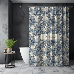 Rideaux De Douche Bleu Vintage Chic Toile Floral Monogramme