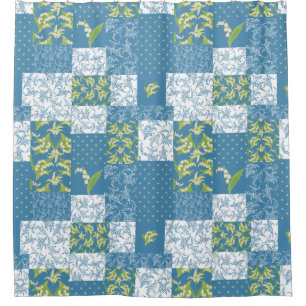 Rideaux De Douche Bleu vintage de patchwork de Faux du muguet