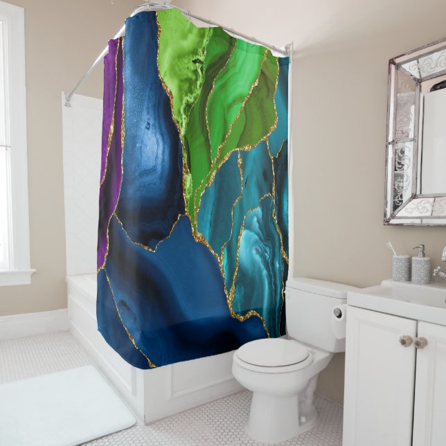 Rideaux De Douche Bleu, violet et vert Peacock Agate Faux parties sc (En situation)