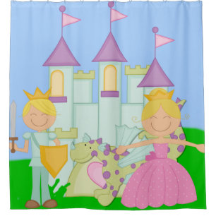 Rideaux De Douche Blond Princess, Prince, Dragon, Castle Fairytale