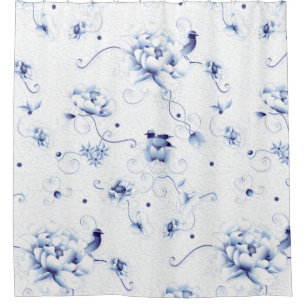 Rideaux De Douche Blue Bird Rose Chinoiserie Floral