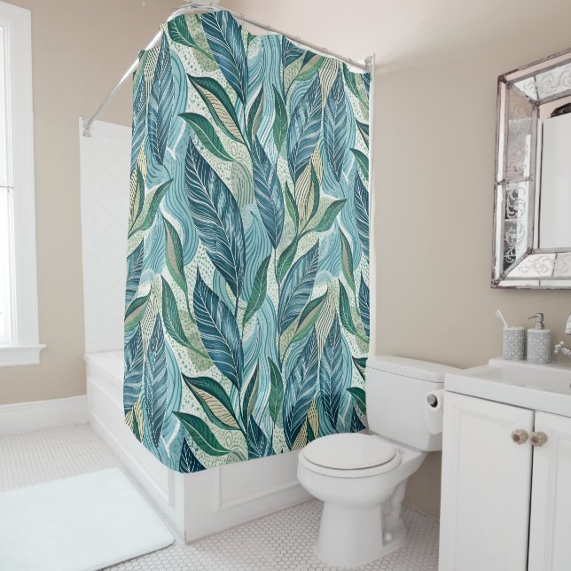 Rideaux De Douche Blue Botanical Wave Modern Pattern (En situation)
