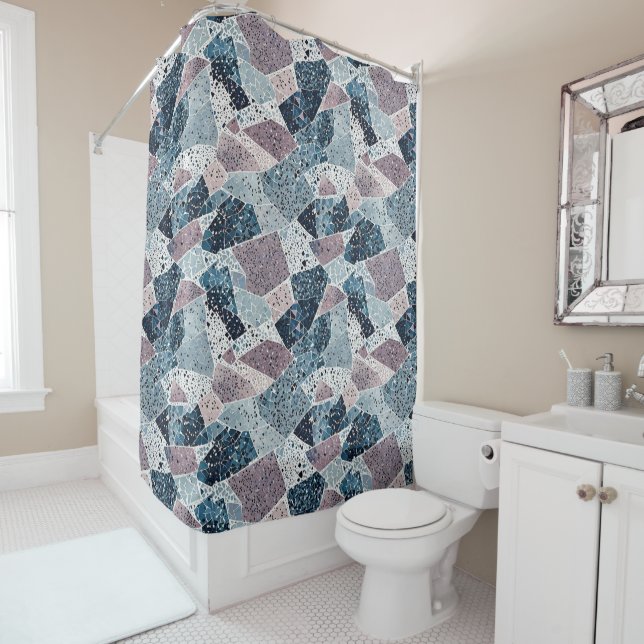 Rideaux De Douche Blue et Mauve Abstrait Terrazzo Design (En situation)