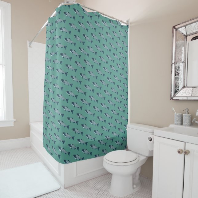 Rideaux De Douche Blue Folk Art Trout/Saumon (En situation)