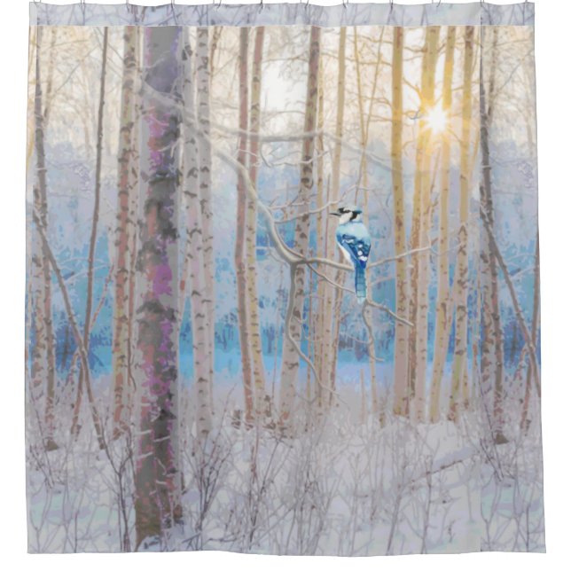 Rideaux De Douche Blue Grey Blue Jay Oiseaux Forêt Arbres Art (Devant)
