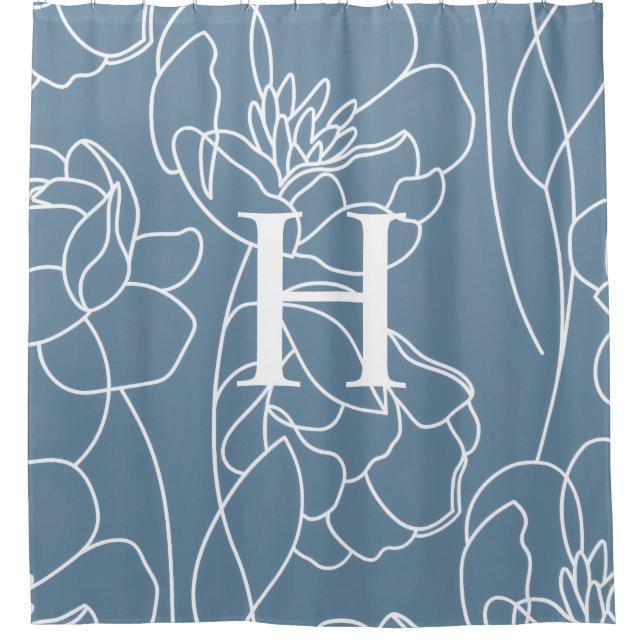 Rideaux De Douche Blue Modern Elegant Wildflower Monogram Name (Devant)