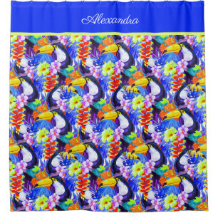 Rideaux De Douche Blue Monogramme Toucan oiseau fleurs tropicales