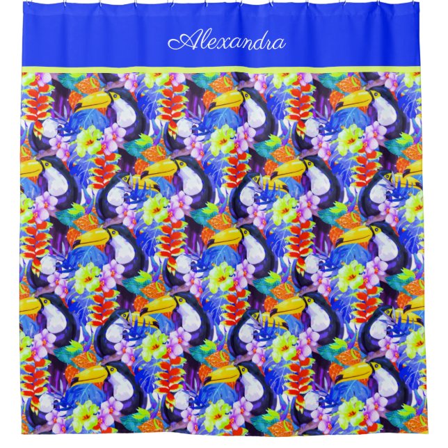 Rideaux De Douche Blue Monogramme Toucan oiseau fleurs tropicales (Devant)