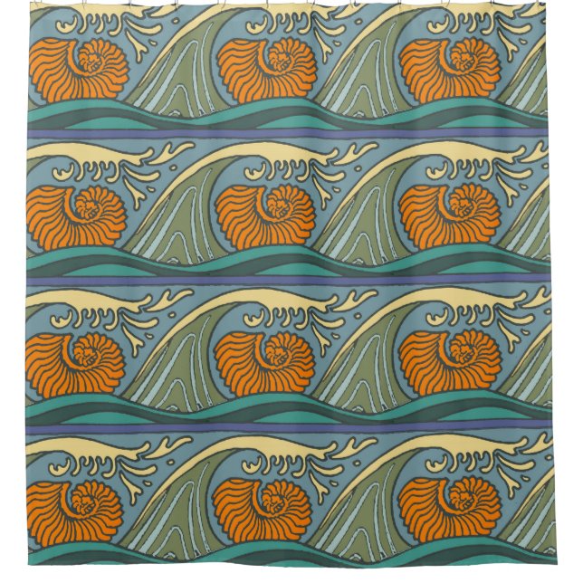 Rideaux De Douche Blue Ocean Waves Nautilus Seashell Motif Nouveau (Devant)