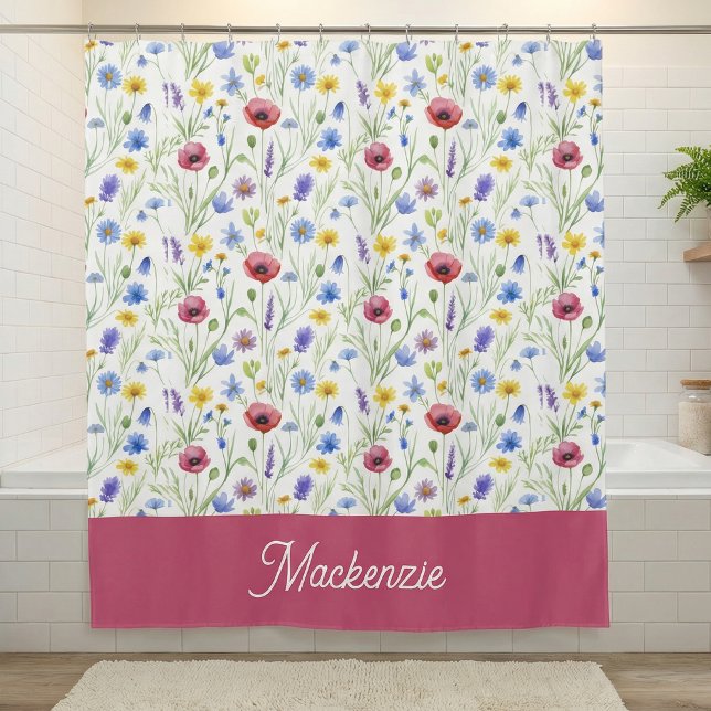 Rideaux De Douche Blue Pink Wildflower Botanical Custom Name  (Créateur téléchargé)