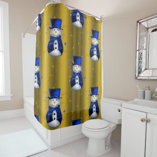 Rideaux De Douche Blue Snowman sur Gold Christmas (En situation)