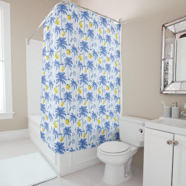 Rideaux De Douche Blue Toile Palm Trees Lemons Pattern (En situation)