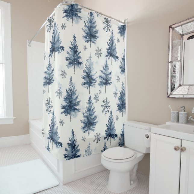 Rideaux De Douche Blue White Christmas Trees Snowflakes (En situation)