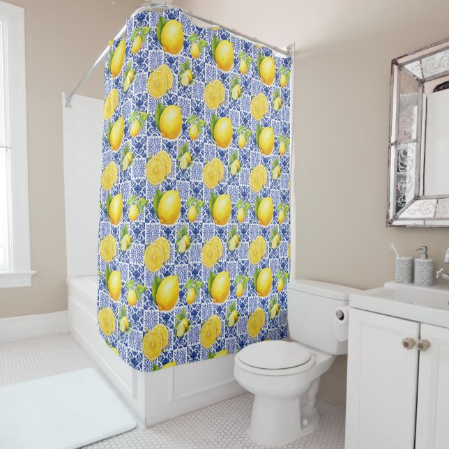 Rideaux De Douche Blue White Lemon Tile Pattern Mediterranean Citrus (En situation)