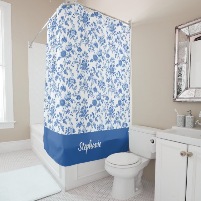 Rideaux De Douche Blue White Vintage Floral Personalized Name (En situation)