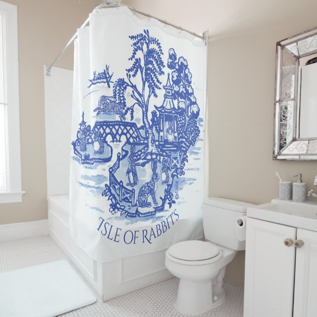 Rideaux De Douche Blue Willow Rabbit Island Whimsical Chinoiserie (En situation)