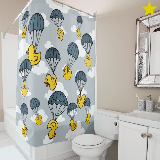Rideaux De Douche Blue Yellow Cute Rubber Duck Parachute Sky Clouds (Créateur téléchargé)