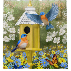 Rideaux De Douche Bluebirds et Rond Birhouse Jaune