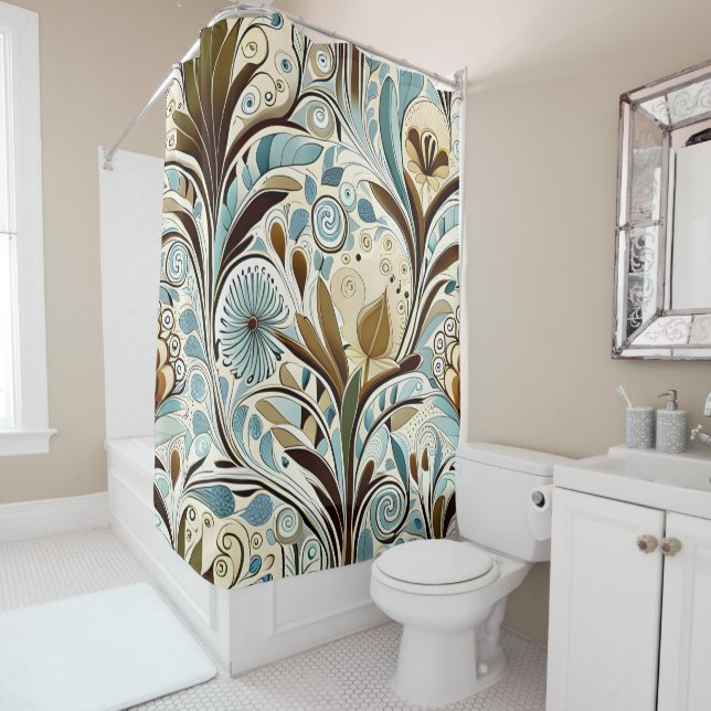 Rideaux De Douche Blues et Browns botaniques (En situation)