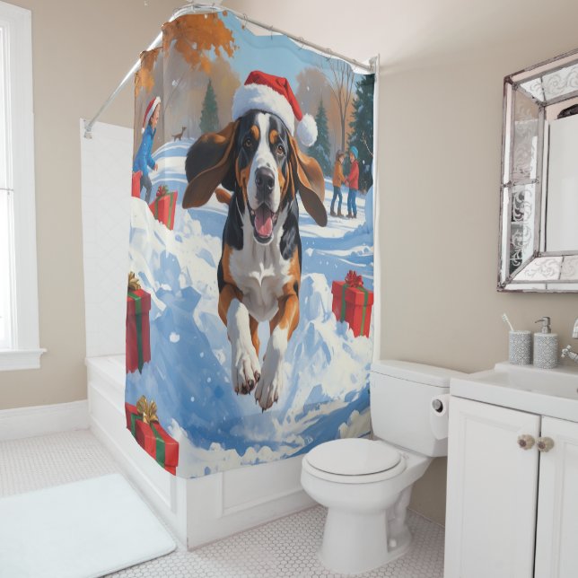 Rideaux De Douche Bluetick Coonhound Courir dans la neige avec Noël (En situation)