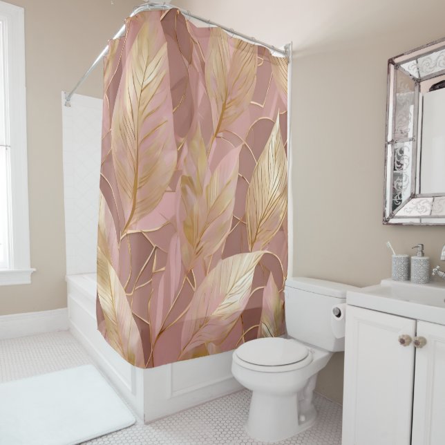 Rideaux De Douche Blush Pink Gold Boho Modern Leaves Collection (En situation)