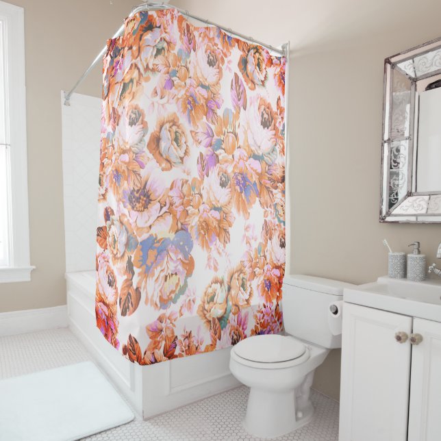 Rideaux De Douche Bohème rose orange brun turquoise rose floral (En situation)